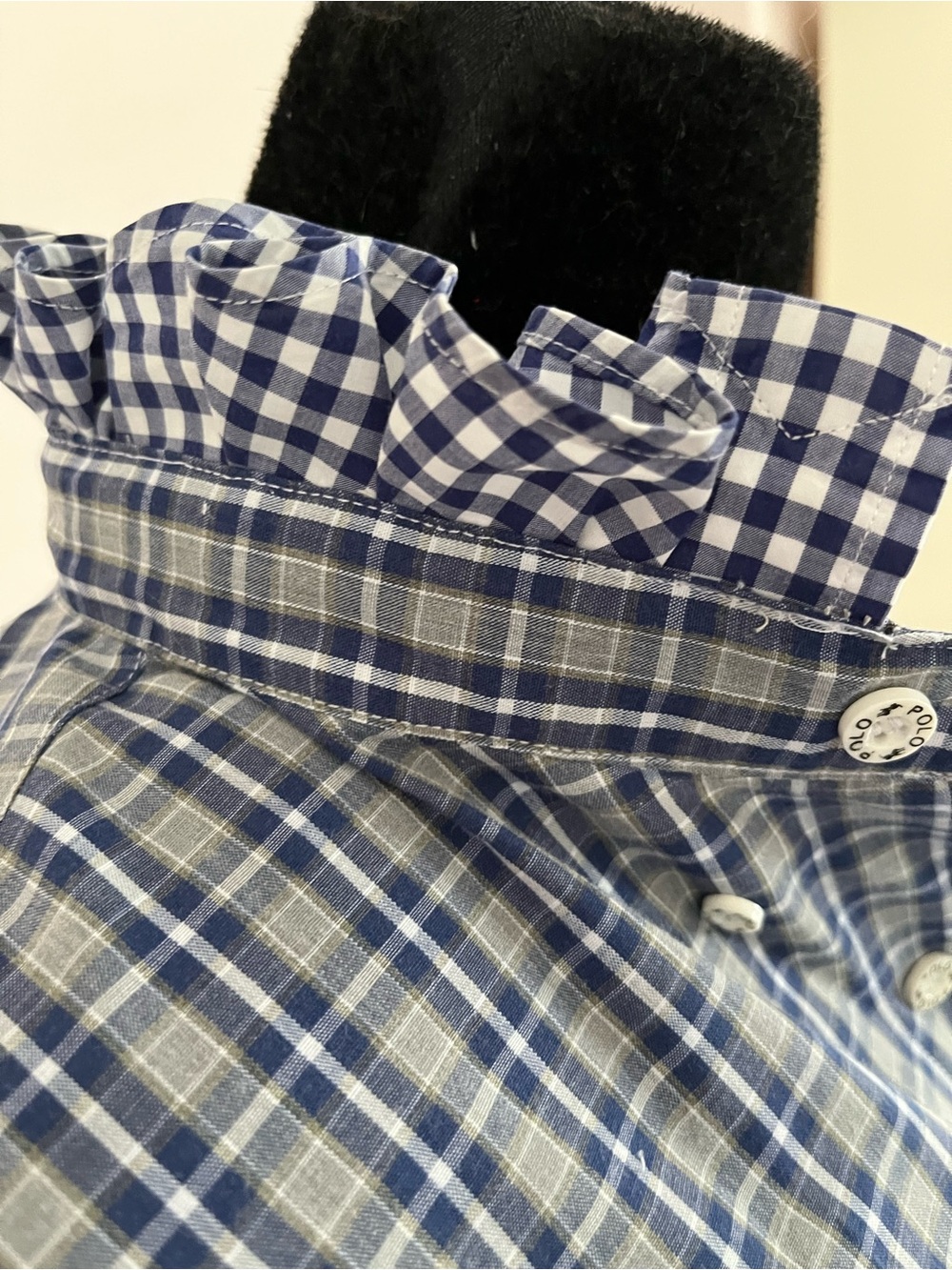 Refashioned faux Ralph Lauren Navy and Gray Checked Button-Down Ruffle collar - Picture 5 of 7